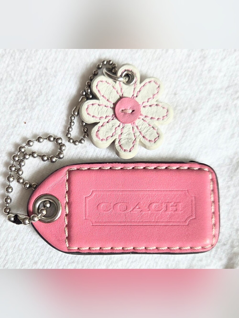 Coach 3" pink 1 side embossed tag + Daisy flower key fob hang tag